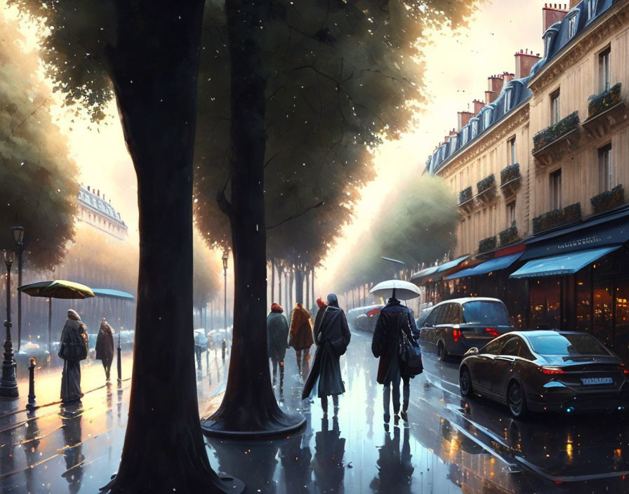 Rainy city street with trees, soft light, umbrellas, and parked cars