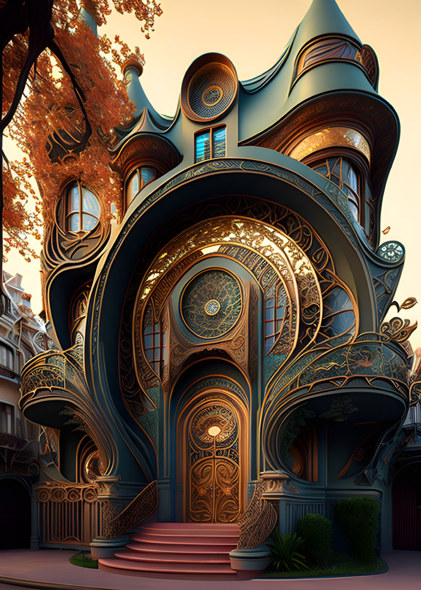 Intricate Art Nouveau Architecture with Swirling Lines