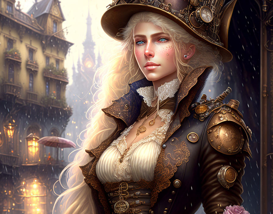 Steampunk-inspired woman with blue eyes in urban rainy scene