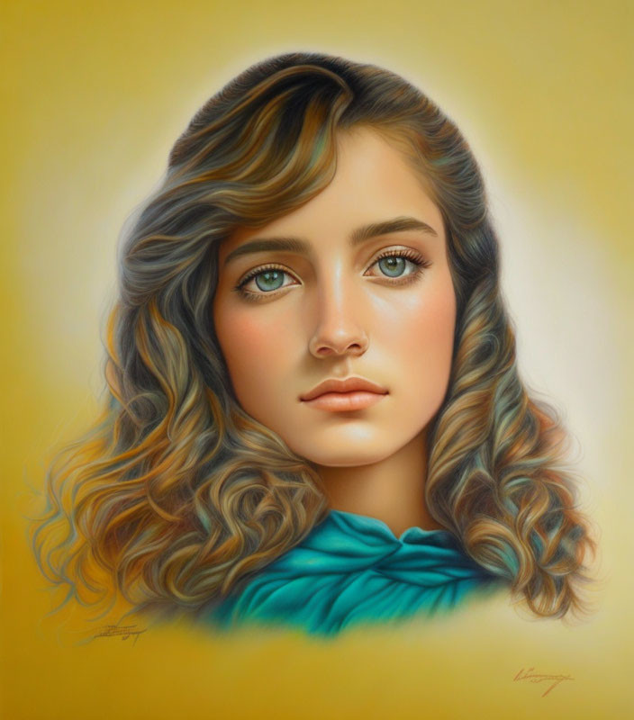 Woman with Wavy Hair and Green Eyes in Blue Scarf on Yellow Background