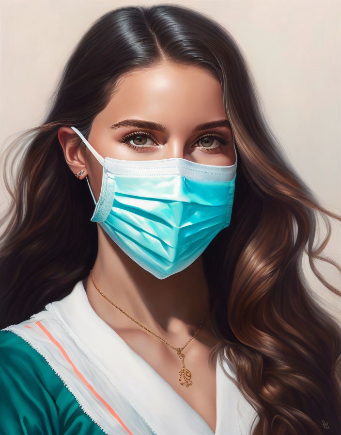Long wavy hair woman in surgical mask with pendant necklace and intense eyes.
