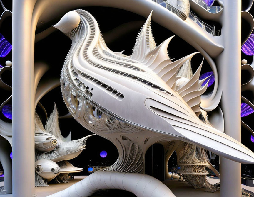 Futuristic bird-like structures in surreal digital art