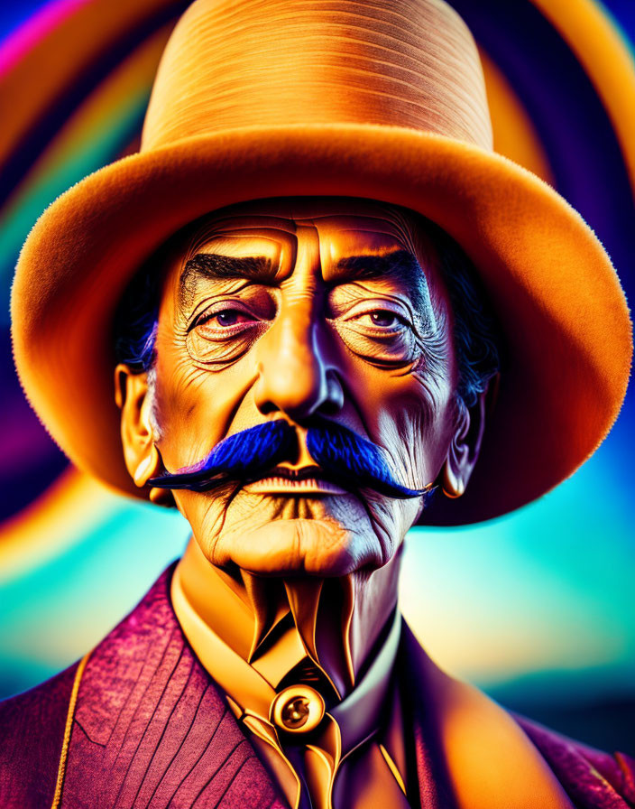Colorful portrait of stylized gentleman with mustache and top hat on swirling background
