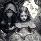 Monochrome artwork of two girls with crow and monkey in intricate nature scene