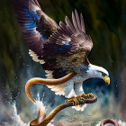 Eagle with outstretched wings holding snake over water in dark setting
