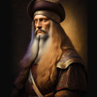 Regal man with white beard in ornate attire and scepter on dark background