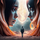 Man in surreal cosmic scene with mirrored ethereal female faces under swirling galaxy