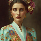 Portrait of woman with green eyes in blue and gold embroidered garment and flower crown