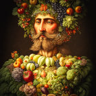 Man with Fruit and Vegetable Headdress on Dark Background