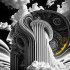 Monochromatic digital artwork with classical columns and celestial symbols