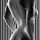 Monochromatic human form with contour lines on striped background