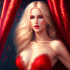 Blonde woman in red dress with golden headpiece, blue eyes, framed by curtains
