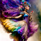 Colorful digital artwork of whimsical female figure with butterfly wings and floral costume.