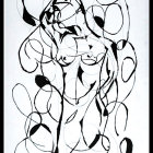 Abstract black and white line art of female figure with flowing lines