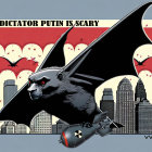 Menacing bat illustration flying over city skyline
