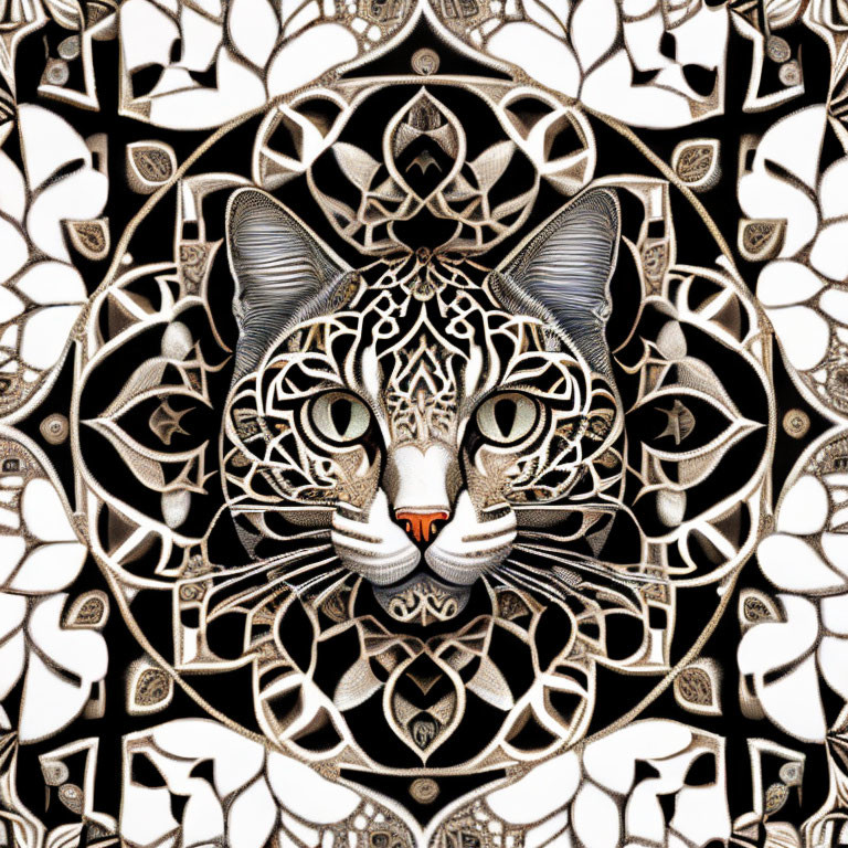 Monochrome Cat Face Illustration on Geometric Background