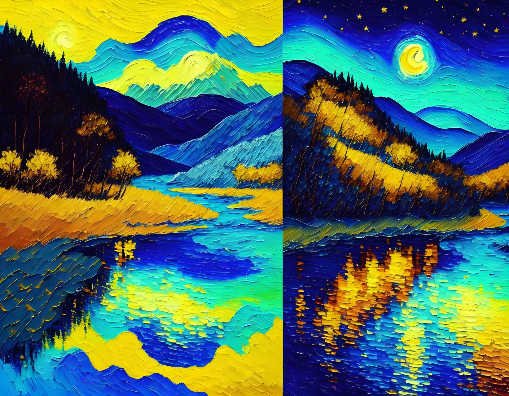 Colorful Diptych: Van Gogh-Inspired Landscapes with Swirling Skies