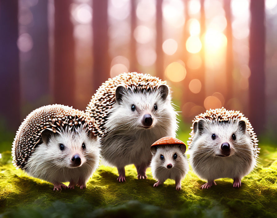 Four cute hedgehogs in forest at sunset, one with mushroom cap