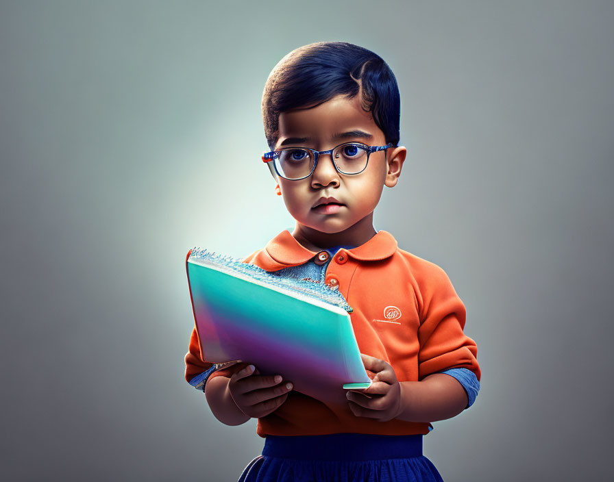 Child with Glasses Holding Notebook in Orange Shirt and Blue Skirt on Grey Background