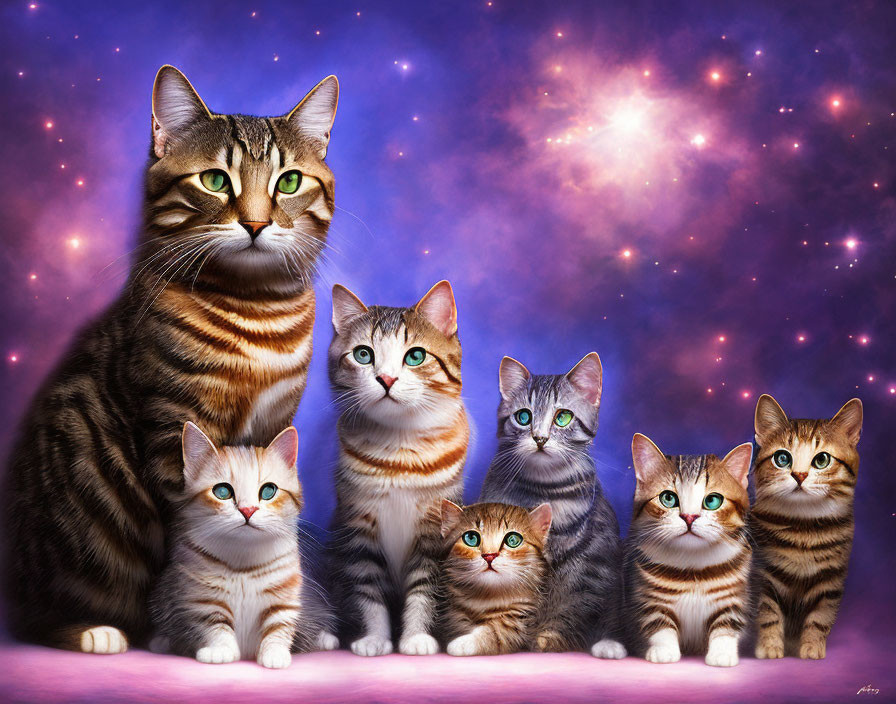Seven Cats with Colorful Eyes Against Cosmic Background