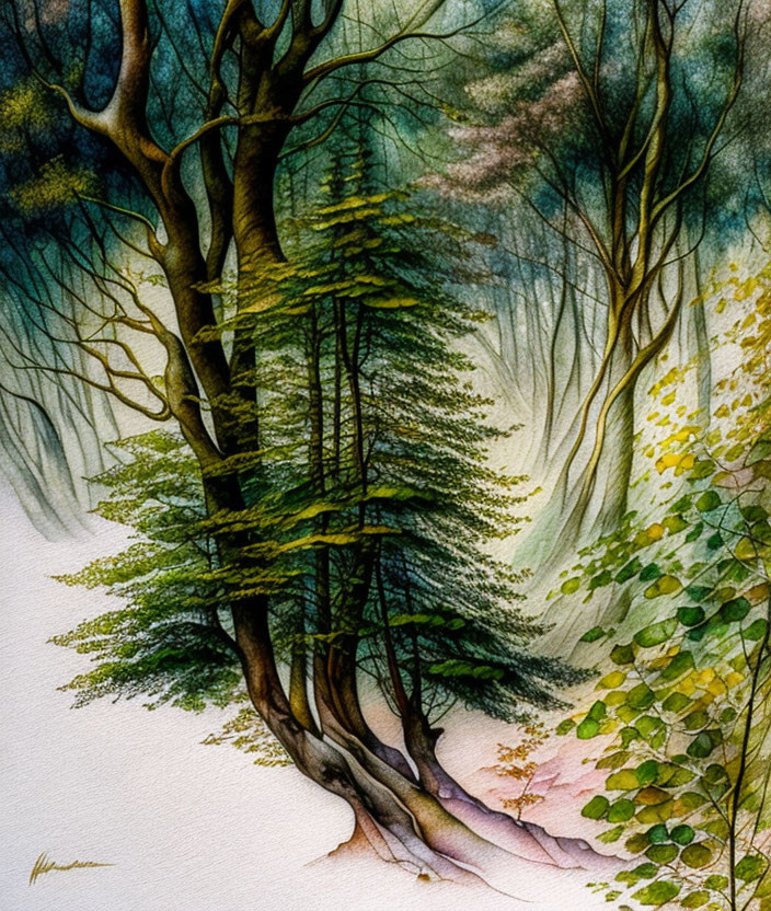 Whimsical forest watercolor painting with vibrant trees