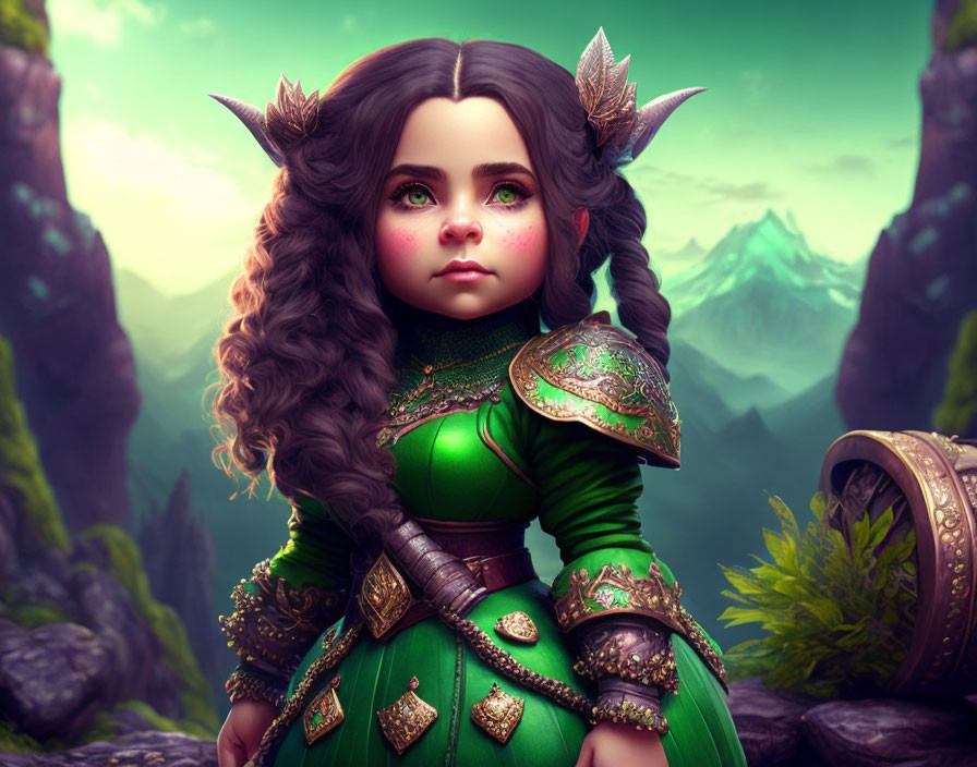 Digital artwork: Young female character with large green eyes and wavy hair in intricate green fantasy costume with