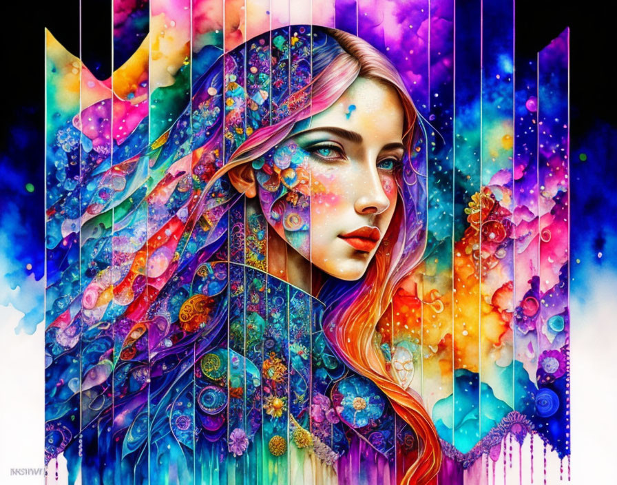 Vibrant hair woman in abstract cosmic background