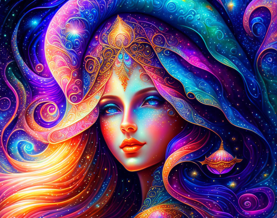 Colorful digital artwork of mystical female with swirling blue and purple hair, golden headpieces, and glowing