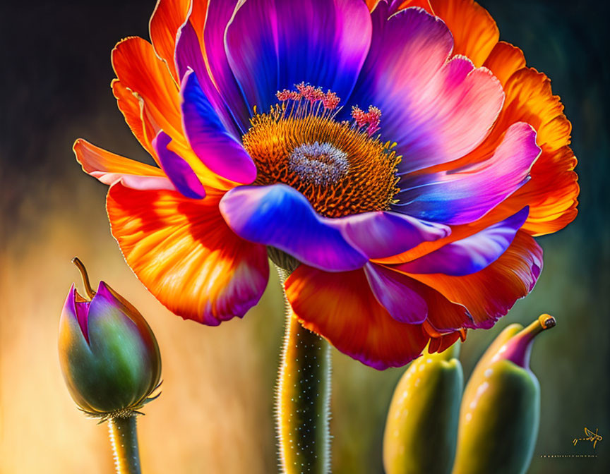 Colorful Orange and Purple Flower in Full Bloom with Closed Bud