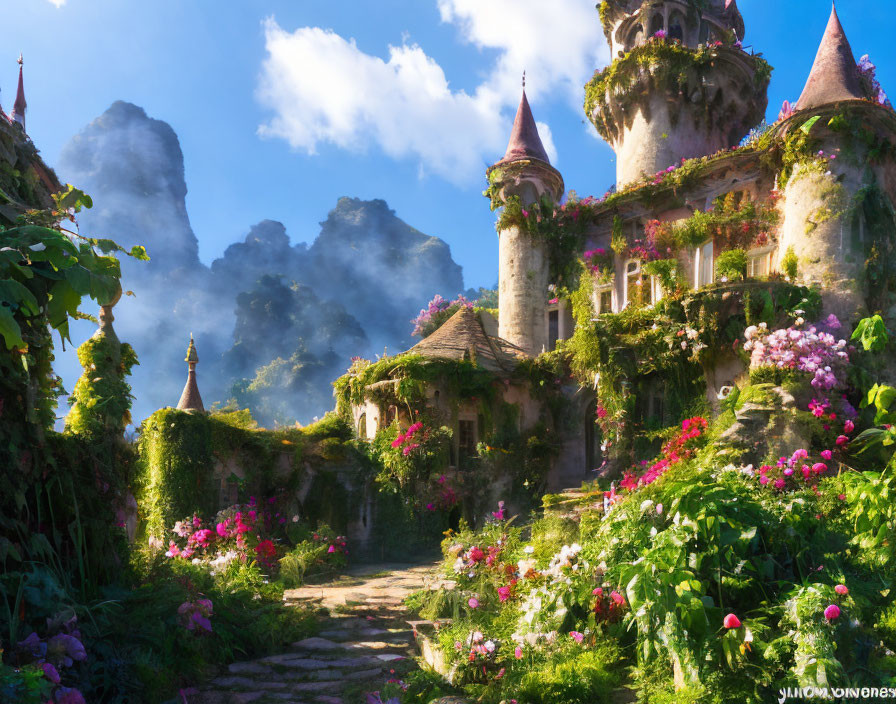 Enchanted castle surrounded by lush greenery and vibrant flowers
