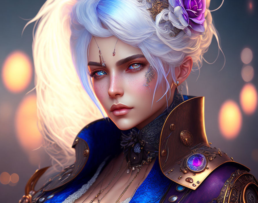 White-haired character in purple-accented armor with blue eyes and floral hair adornment