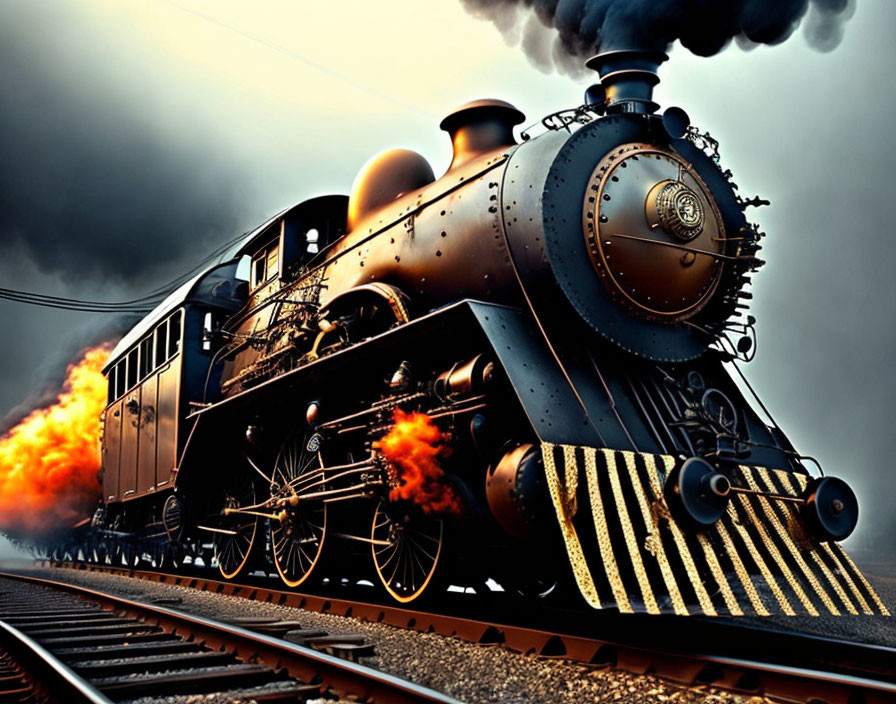 Vintage Steam Locomotive Speeding with Smoke and Fire Under Dramatic Sky