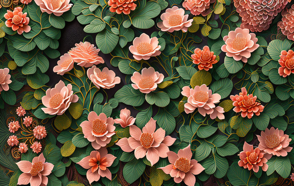 Peach and Coral Floral Pattern with Green Foliage