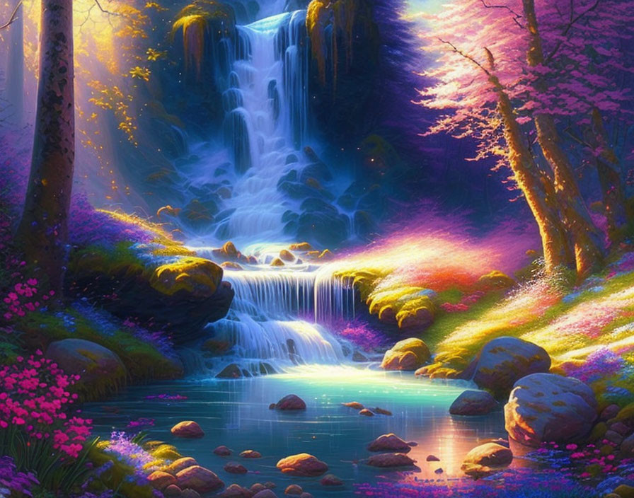 Fantasy landscape with waterfall, blossom trees, pond, moss-covered stones