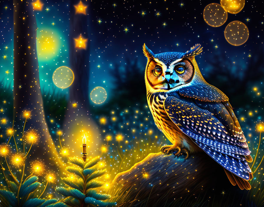 Colorful Owl Perched on Branch in Night Forest Scene