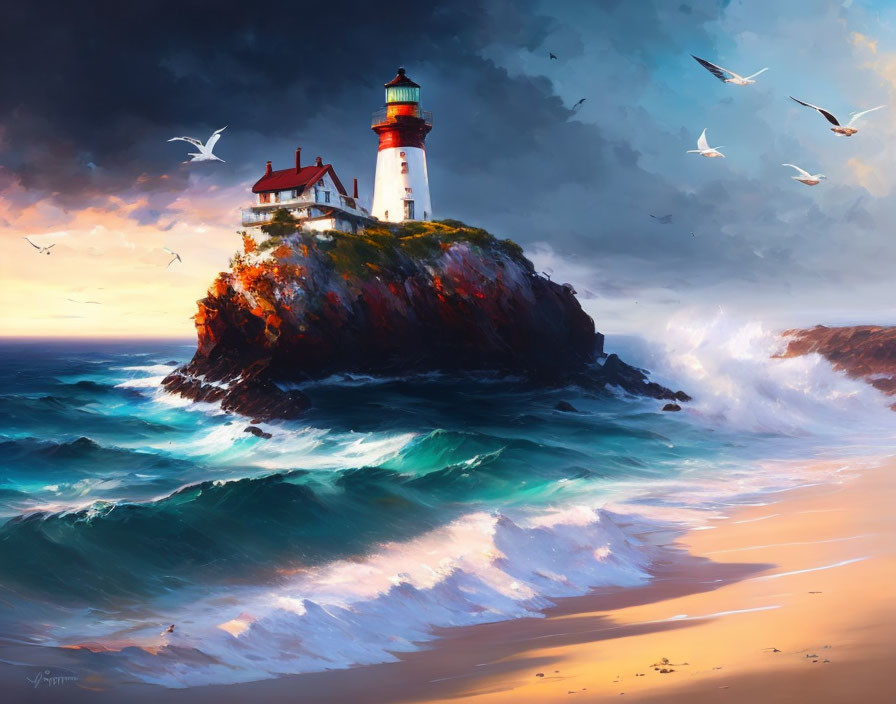 Majestic lighthouse on rocky cliff with crashing waves and dramatic sky