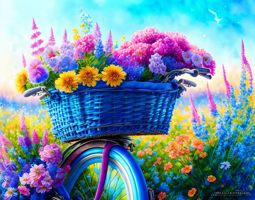 Colorful Flowers Overflowing from Blue Bicycle Basket in Meadow Scenery