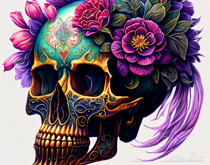 Vibrant Floral Skull Art on Purple Background