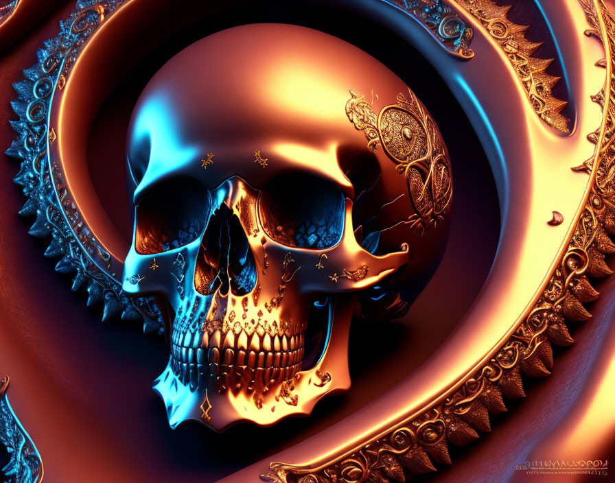 Metallic Skull with Ornate Patterns on Bronze and Copper Fractal Background