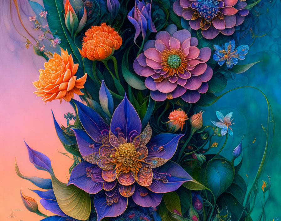 Colorful Layered Flower Artwork in Orange, Pink, and Blue Palette