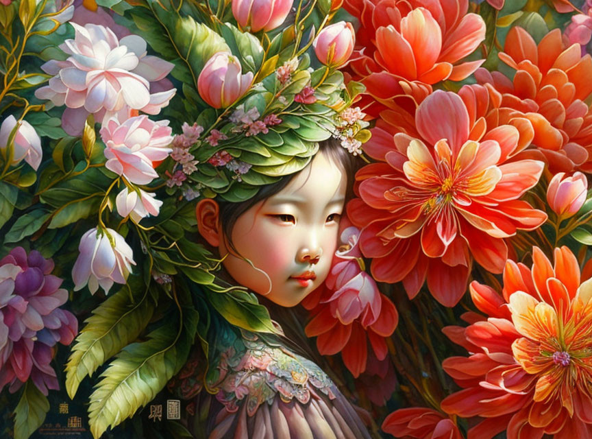 Child with Floral Adornments Surrounded by Lush Flowers