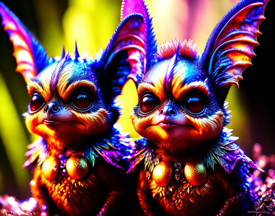 Vibrant Fantasy Creatures with Large Ears and Eyes on Blurred Background