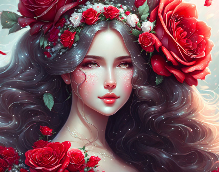Illustrated portrait of woman with red roses and white flowers in flowing hair