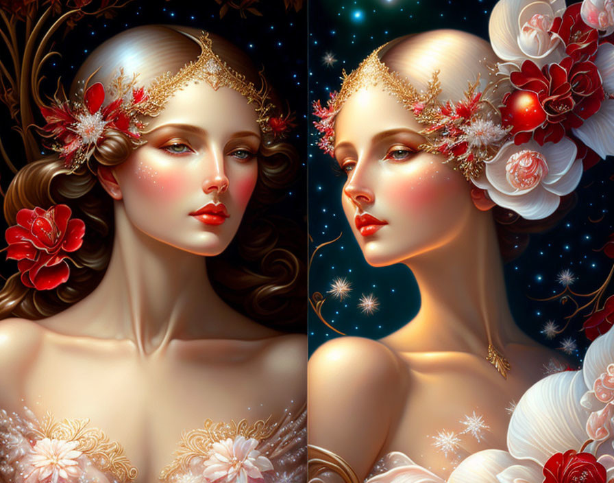 Portraits of woman with floral headpieces in contrasting day and night settings