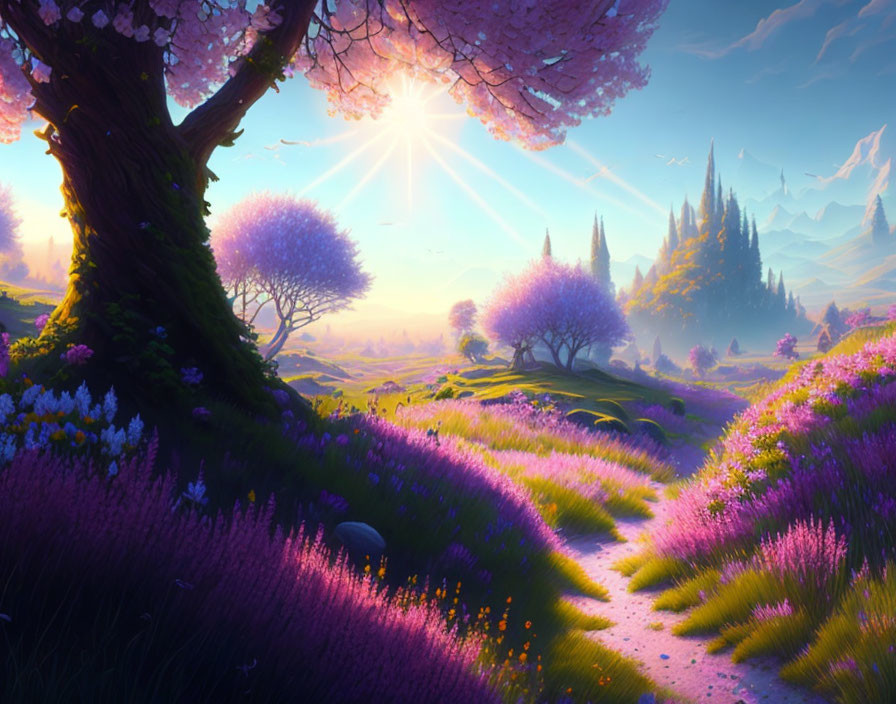 Colorful landscape with pink trees, purple flora, and sunbeam on path