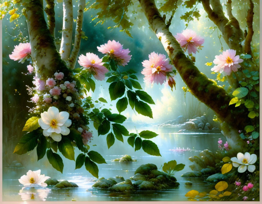 Tranquil forest scene with sunlight, pink and white blossoms by river