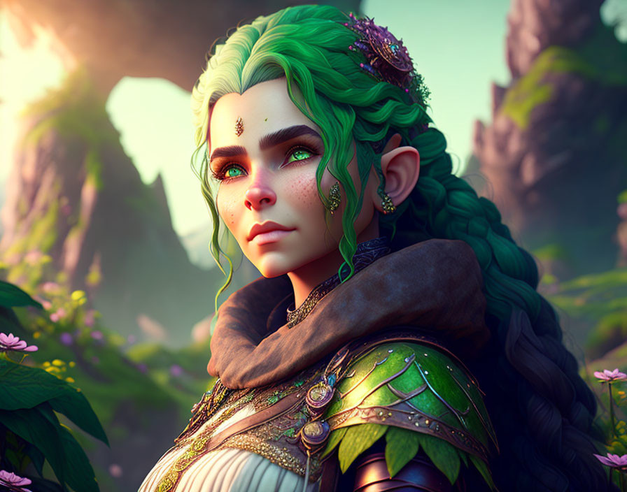 Green-Haired Fantasy Elf in Intricate Armor and Jewelry Amidst Lush Environment