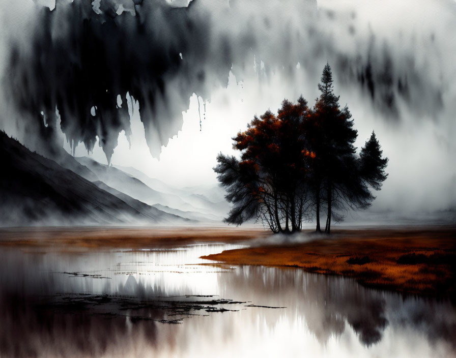 Monochrome landscape with orange tinge: reflective water, trees, misty mountains, textured cloudy sky