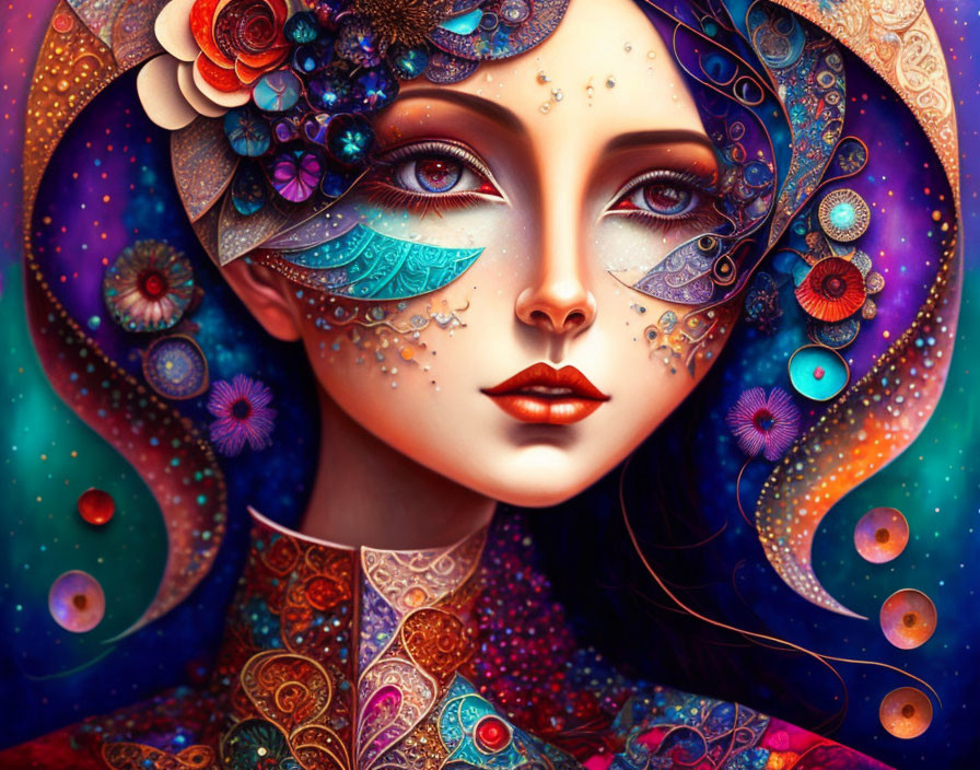 Colorful artwork featuring a woman adorned with intricate patterns and mystical elements