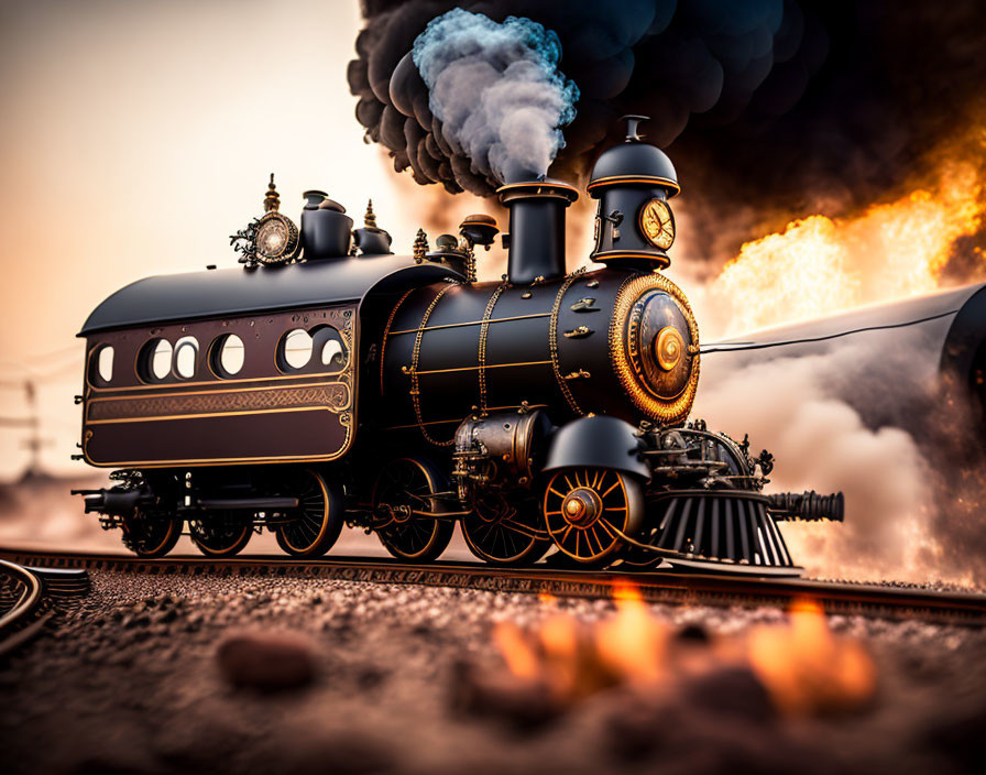Vintage Steam Locomotive Emitting Smoke and Steam with Ornate Detailing